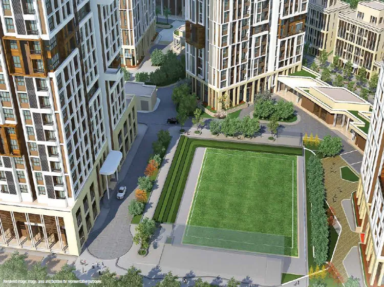 Tata Avenida central lawn landscaped garden aerial view Rajarhat